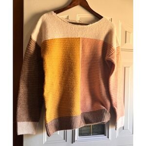 Hem & Thread Colorblock Striped Knit Sweater Size S Mustard Pink Brown Cream